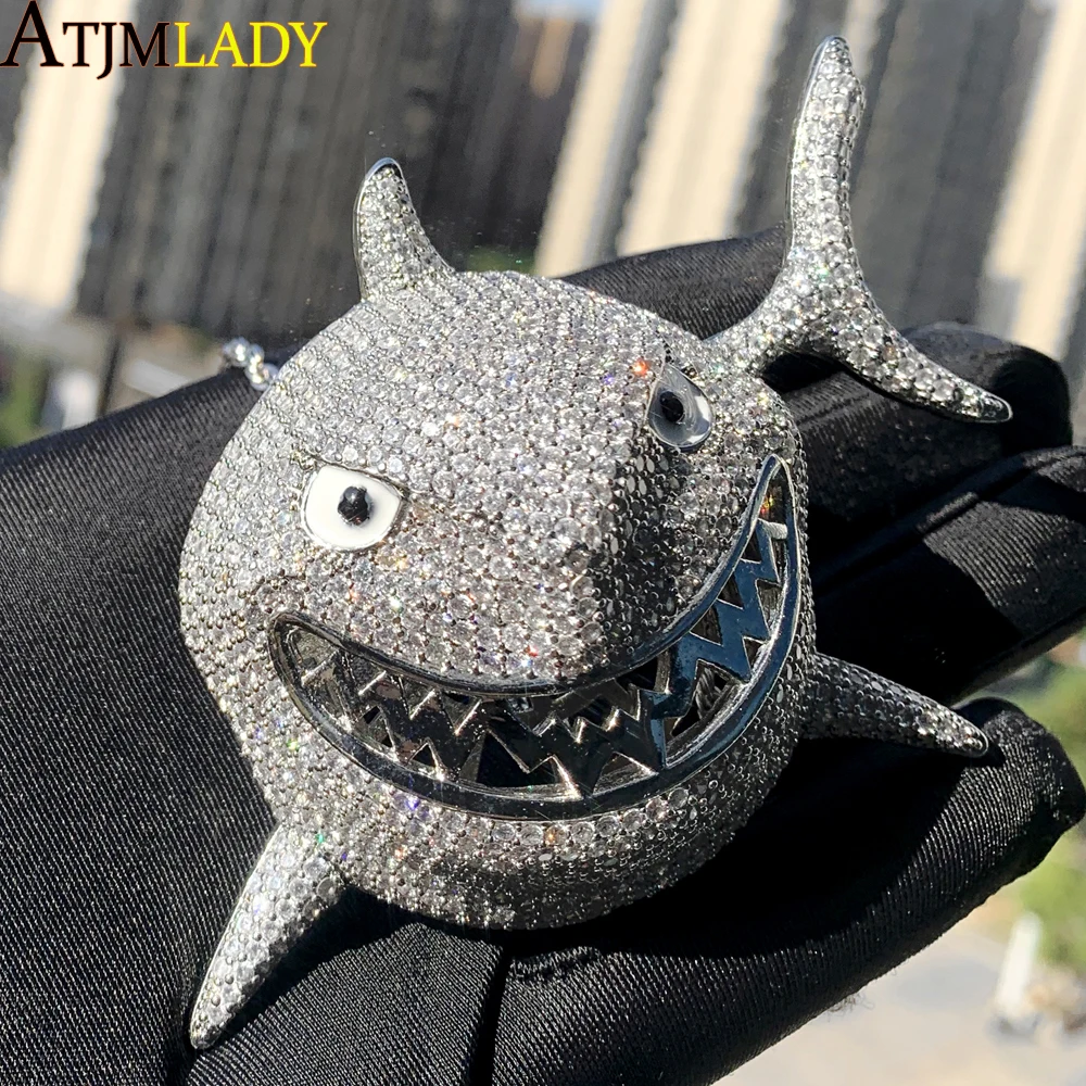 

Bling 5A Cubic Zirconia Big Shark Pendant Necklace for Men Hip Hop Iced Out CZ Miami Cuban Rope Chain Cool Rock Jewelry