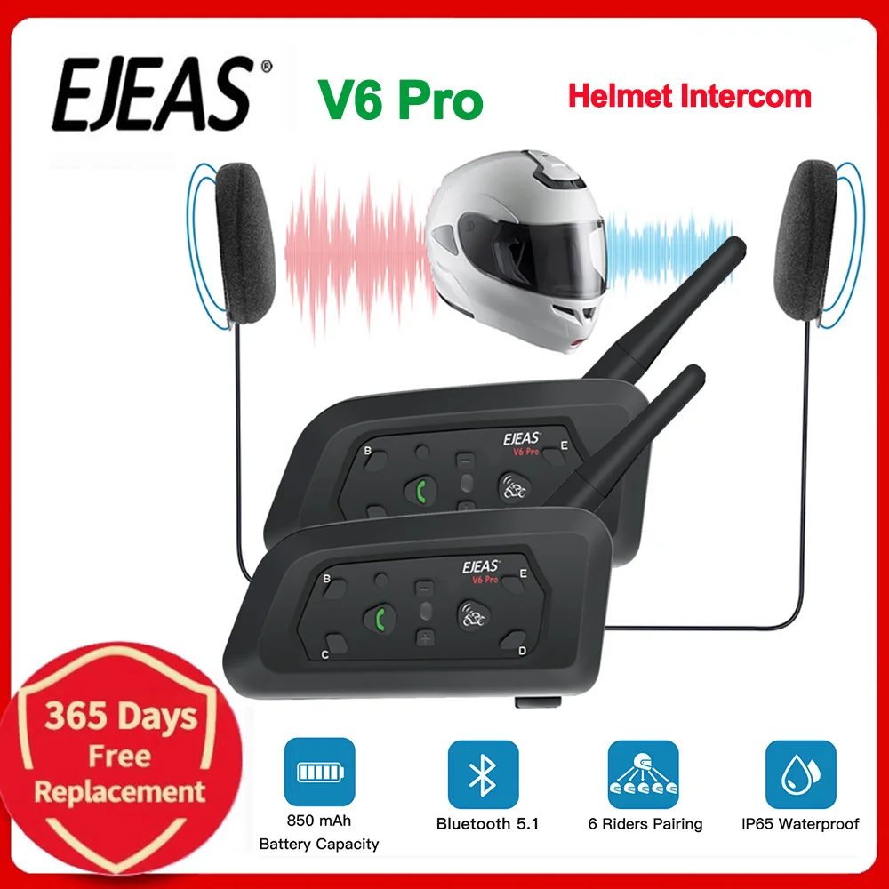 EJEAS V6 Pro Helmet Intercom Headset Motorcycle Bluetooth 1200m  Interphone Communicator Full Duplex for 6 Riders