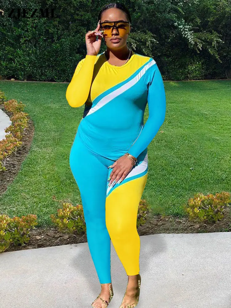 

Striped Color Block Stitching 2 Piece Jogger Suits Ladies Round Neck Long Sleeve T-shirt and Streetwear Skinny Sweatpant Outfits