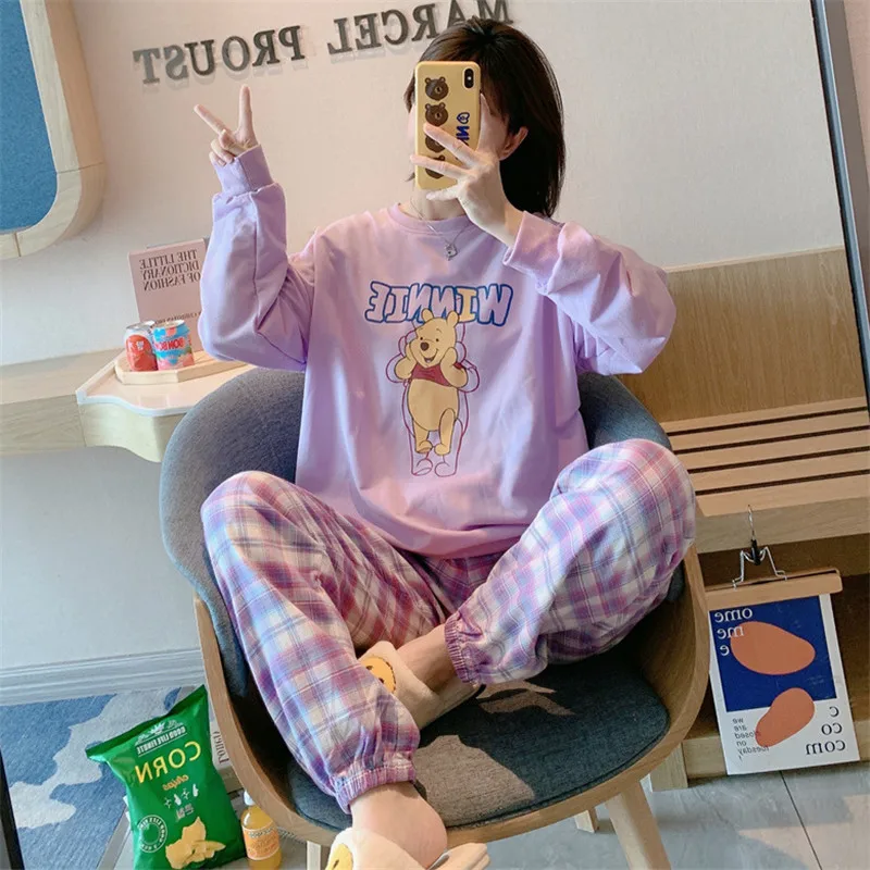 

Disney Women Cartoon Pooh Print Pajama Set Thin Cartoon Long Sleeve Pants Loungewear 2-Piece Purple Yellow Plaid Pajama Set