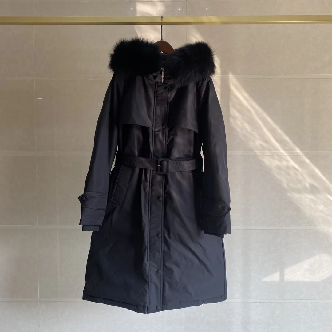 

2023 new windbreaker long women's waist closure hood down jacket belt hood non-detachable high quality coat women