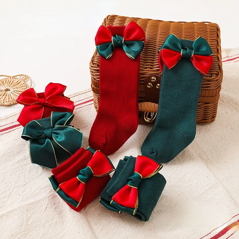 

New Baby Girls Christmas Socks Toddler Big Bow Red Knee High Long Socks Soft Cotton Kids Sock Newborn Gift Socken For 0-5 Years