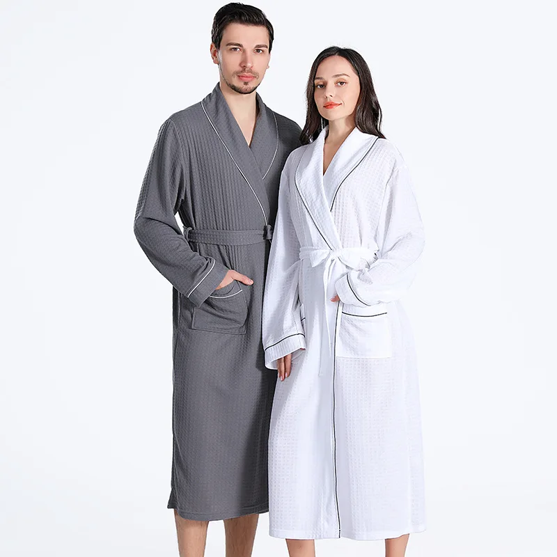 New Spring Summer Pajamas Women Men Long Hotel Waffle Bathrobe Couples Robe Absorbent Quick Dry Men's Comfortable Pajama