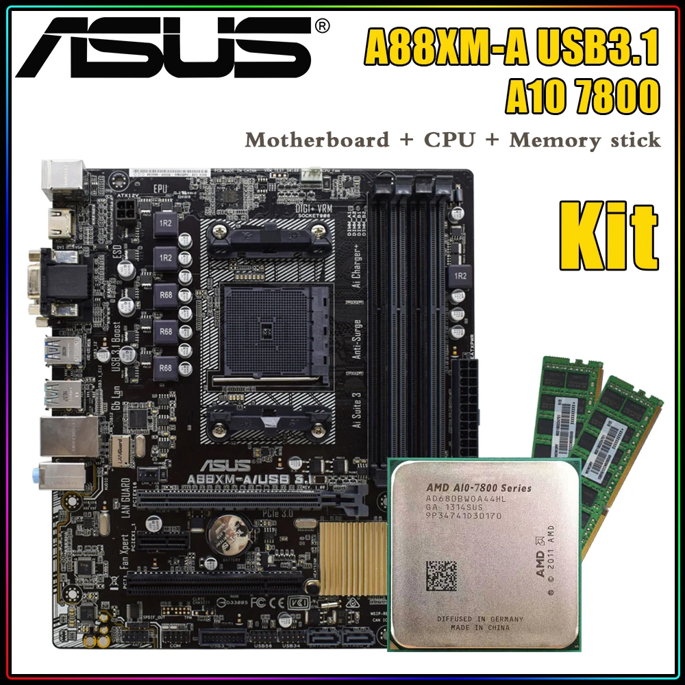 

ASUS A88XM-A USB 3.1 Motherboard Kit AMD A10 Set with DDR3 4G +A10 7800 CPU FM2/FM2+, CPU 3.4GHz (OC) 3.8GHz Quad-core Processor