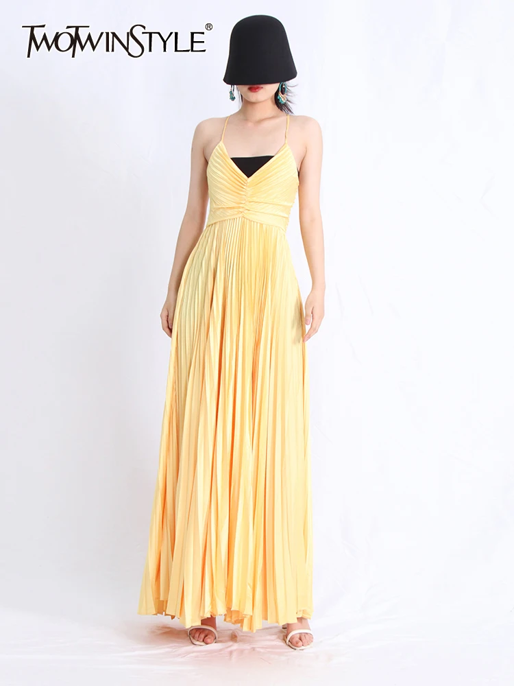 

TWOTWINSTYLE Solid Casual Dresses For Women V Neck Sleeveless High Waist Patchwork Folds Summer Slip Dress Female Clothing 2023