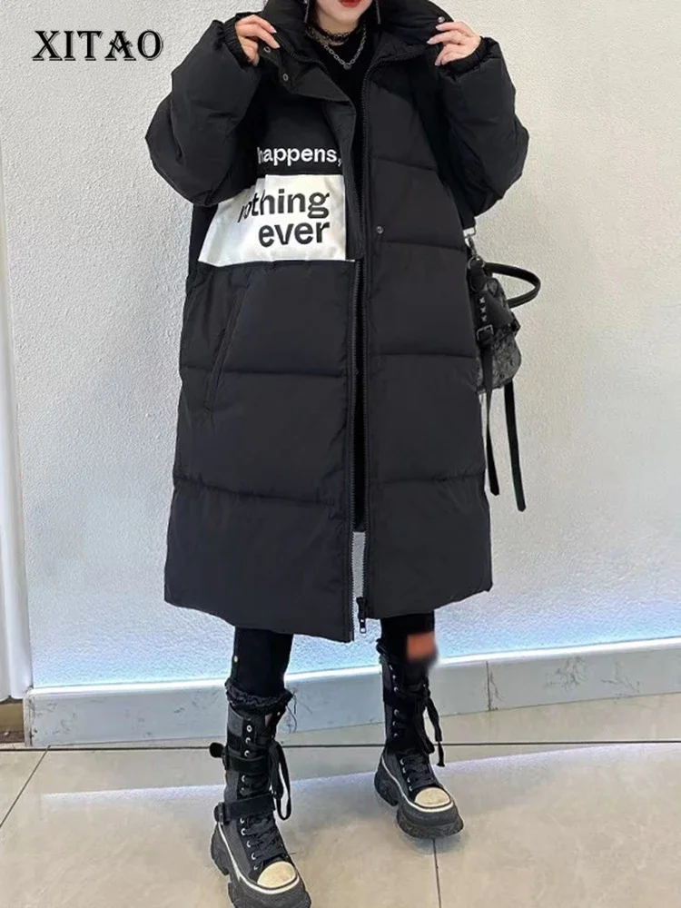 

XITAO Hooded Zippers Down Down Coats Full Sleeve Patchwork Loose Casual All-match Winter Women New Korea Down Coats DMJ3226
