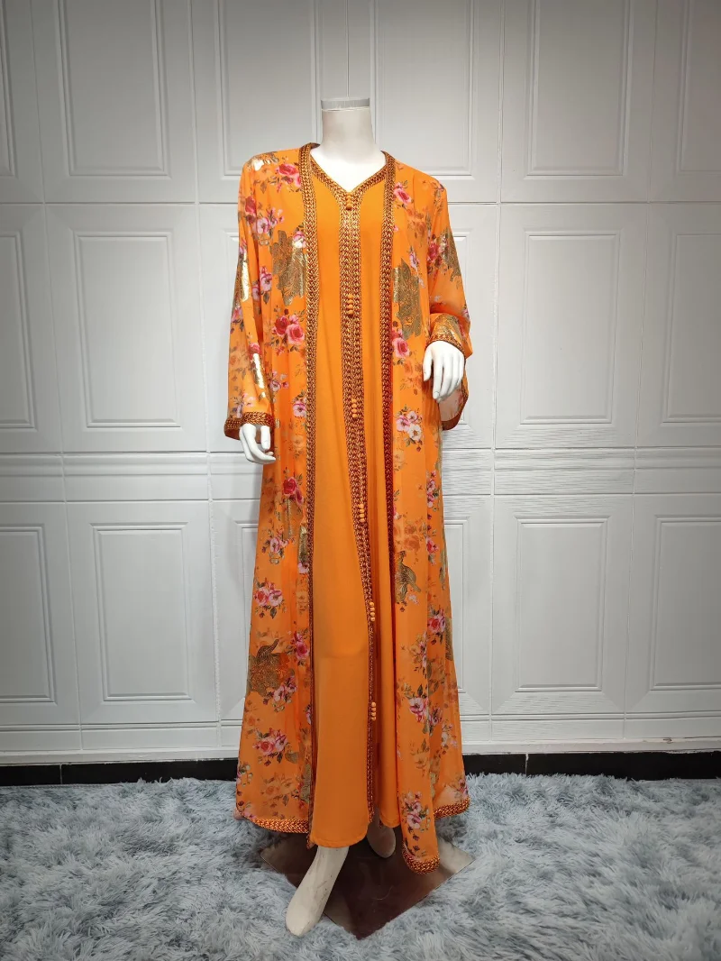 Djellaba Marocaine Two Piece Muslim Dress Chiffon Print Belted Kaftan Ramadan Gown Abayas Islamic Cloth Turkish Women Clothes
