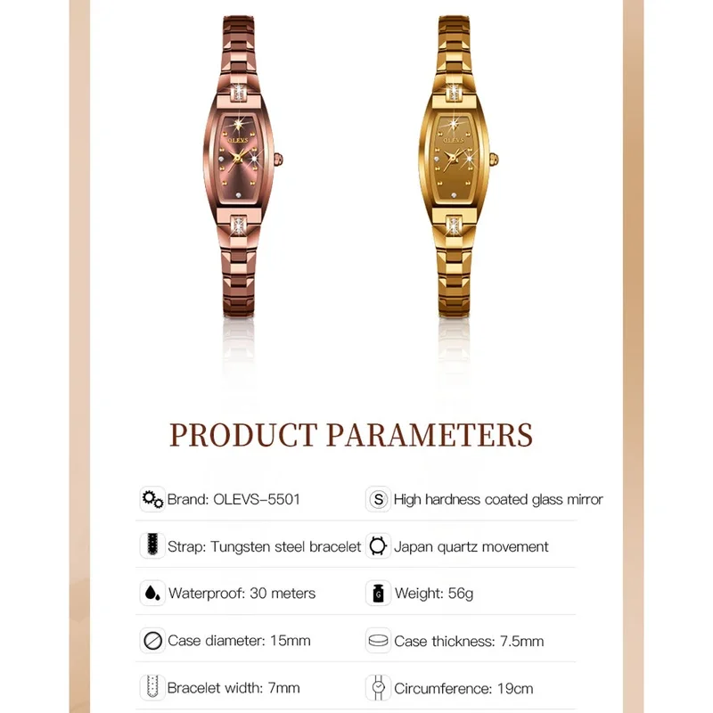 OLEVS 5501 Тонкие женские часы Роскошный ремешок из вольфрамовой стали Tonneau Дизайн