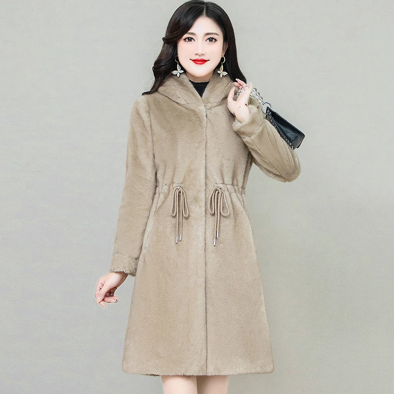 Fur Fur Fur Coat Women's Medium Long New Autumn And Winter Fashion Western-Style Hooded Mink Like Coat A fluffy Coat A Warm Coat