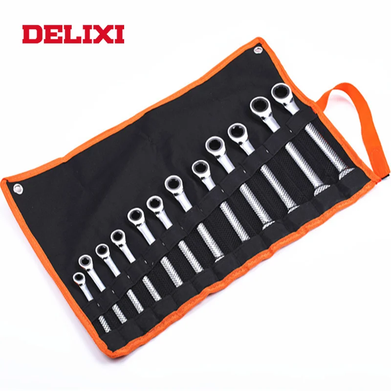 DELIXI Ratchet Wrench 12pcs 72 Tooth Chrome Vanadium Torque Socket Two-way Metric Combination Spanner key set Car Repair Tools