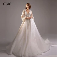 oimg princess puff long sleeves a line wedding dresses v neck lace applique sheer buttons back court train korea bride gowns