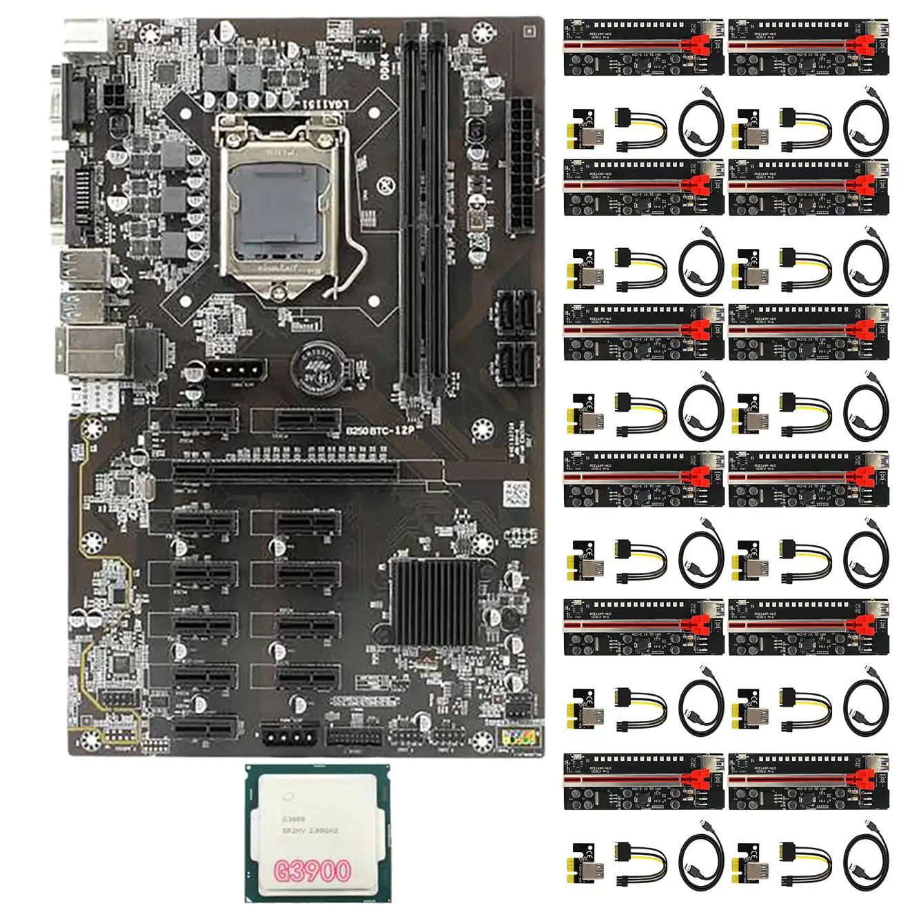 

B250 Mining Motherboard 12 PCIE Slots LGA1151 DDR4 DIMM SATA3.0 with 12X Ver12 Pro PCIE Riser Card+1X G3900 CPU for BTC