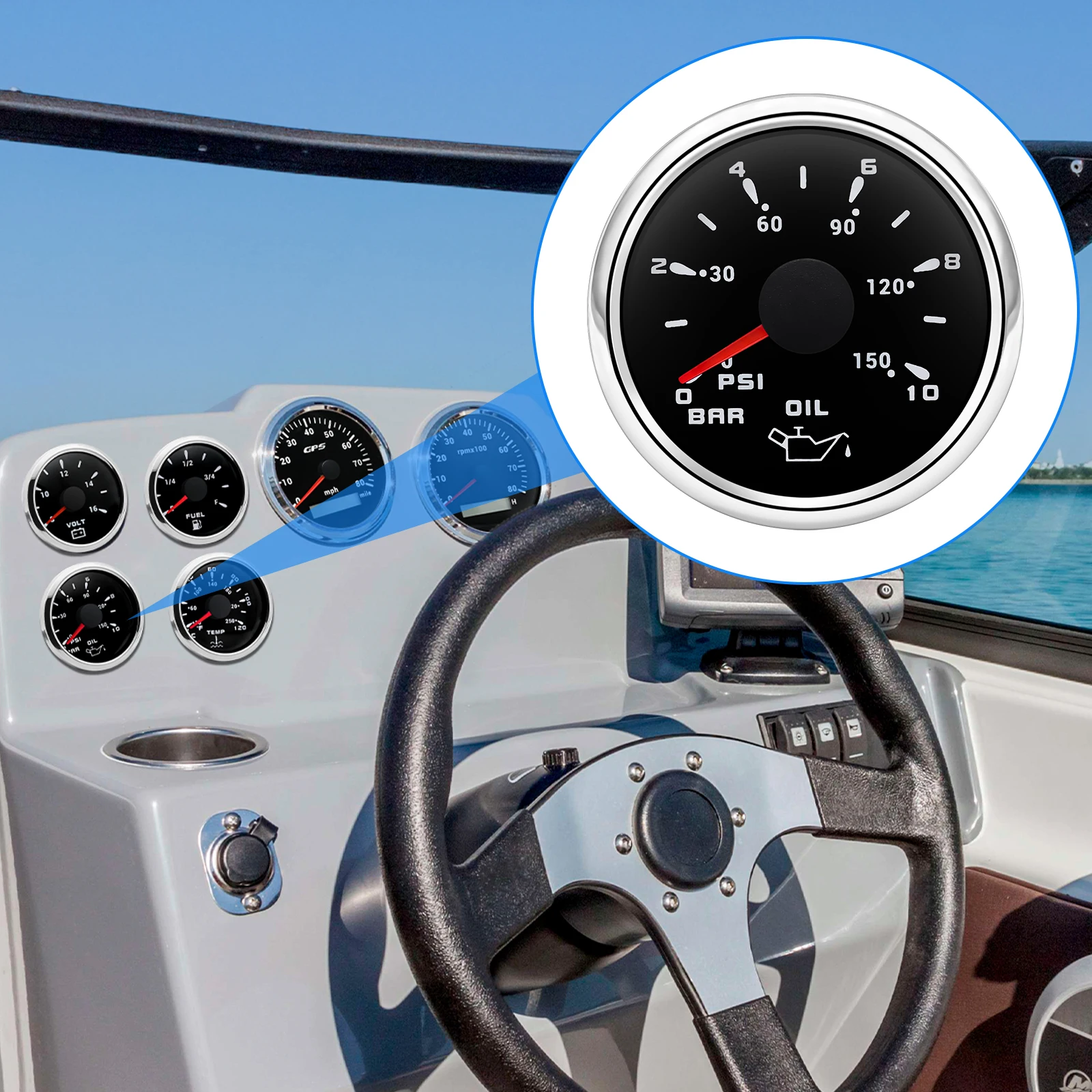 Водонепроницаемый манометр масла 52 мм 5 бар 10 индикатор давления 7 цветов свет для