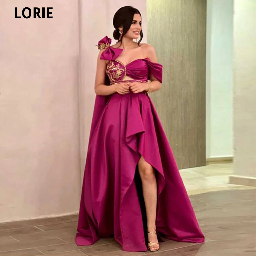 Купи LORIE Deep Fuchsia High Low Prom Dresses With Bow Leg Slit A-Line Lace Appliques Formal Party Dress Evening Gown Celebrity Gowns за 4,801 рублей в магазине AliExpress