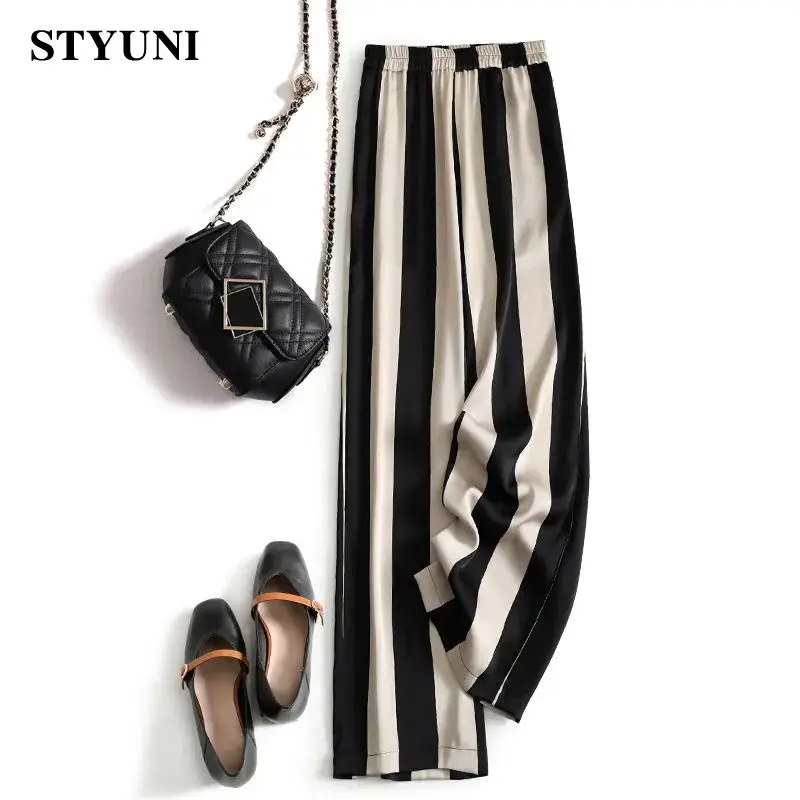 

Vertical Striped Acetate Vintage Elastic High Waist Wide-Leg Loose Women's Pants Korean Fashion Full Length Pants For Women 2023