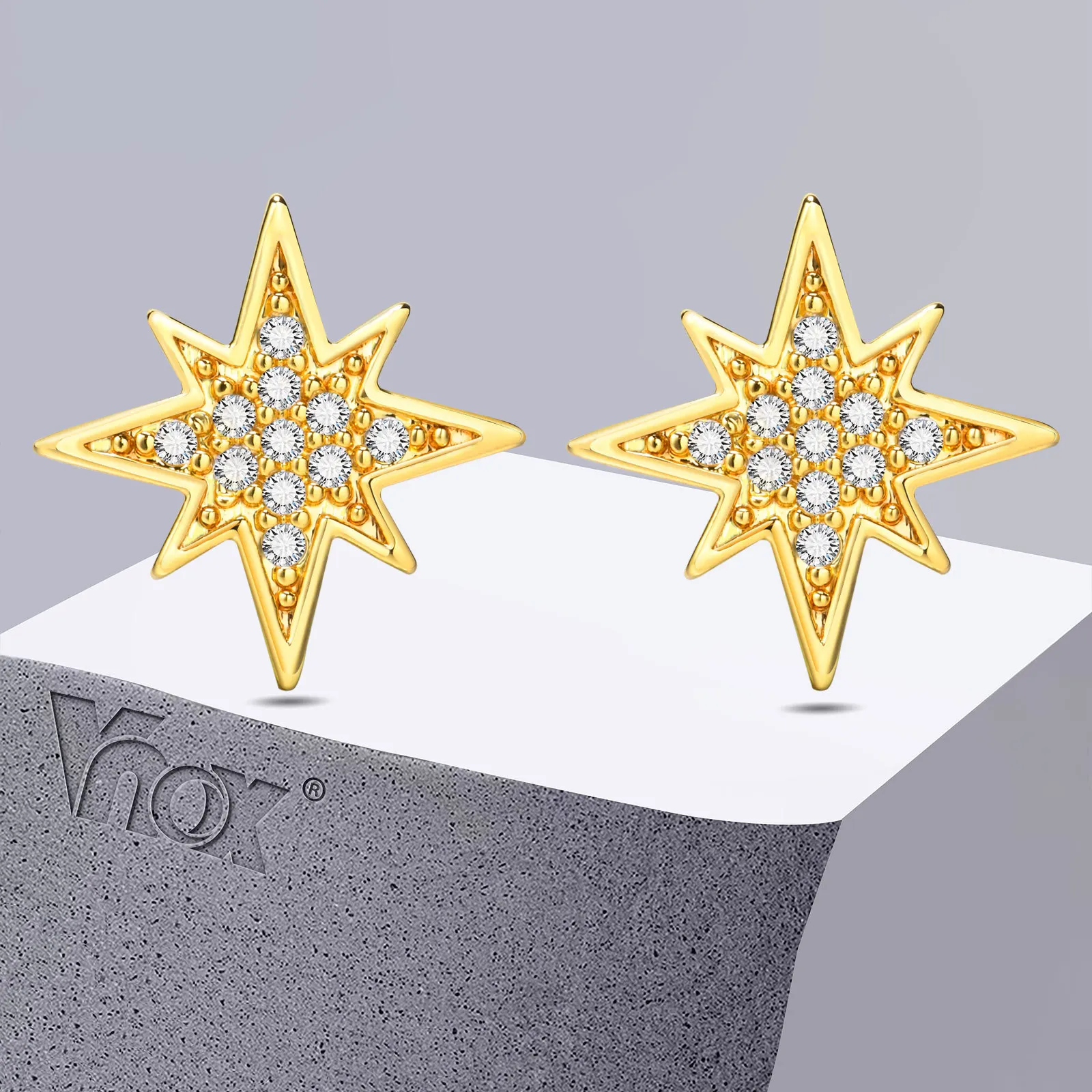 

Vnox Elegant Star Stud Earrings for Women Girls, Bling CZ Stones Eight Pointed Star Ear Jewelry, Gold Color Jewelry