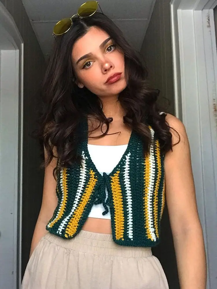 

Knit Y2K Tank Top Contrast Color Patchwork Waist Women Lace Up Hollow Elastic Camisole Sexy Street Wild Skinny Vest