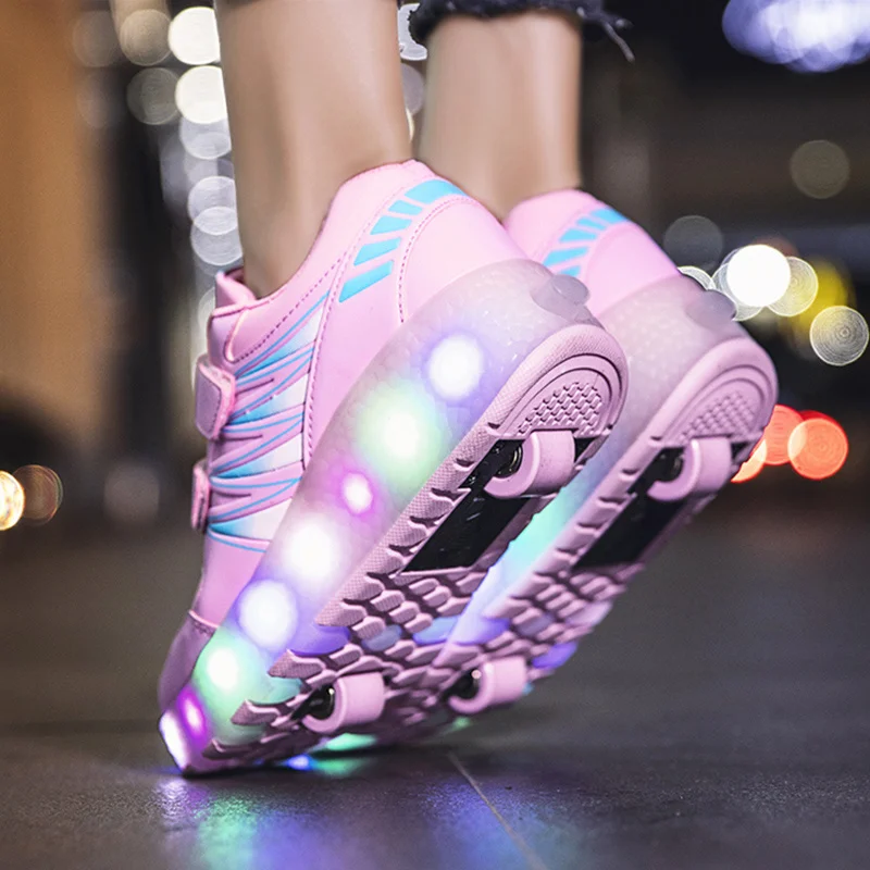 Роликовые коньки обувь на 2 колесиках светящиеся светодиодные Детские ботинки | Отзывы и видеообзор