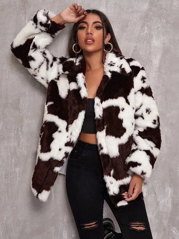 

Autumn and Winter 2022 New Yuansu Style Cow Pattern Black and White Fur Coat Women's Jacket Loose Student Hip Hop Dance
