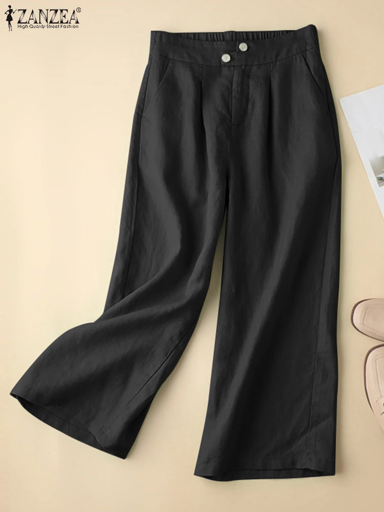 

Women Cotton Loose Straight Pants ZANZEA Women's Elastic Waist Trousers Casual Solid Leisure Pantalons Oversized Zip Up Palazzo