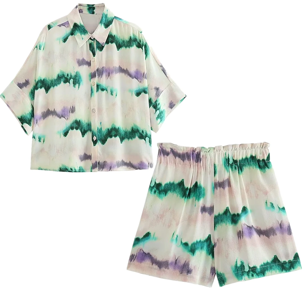 

Elmsk 2023 Summer New High Street Girls Fashion Tie Dye Printed Shirt Loose Casual Bermuda Shorts Sets Women