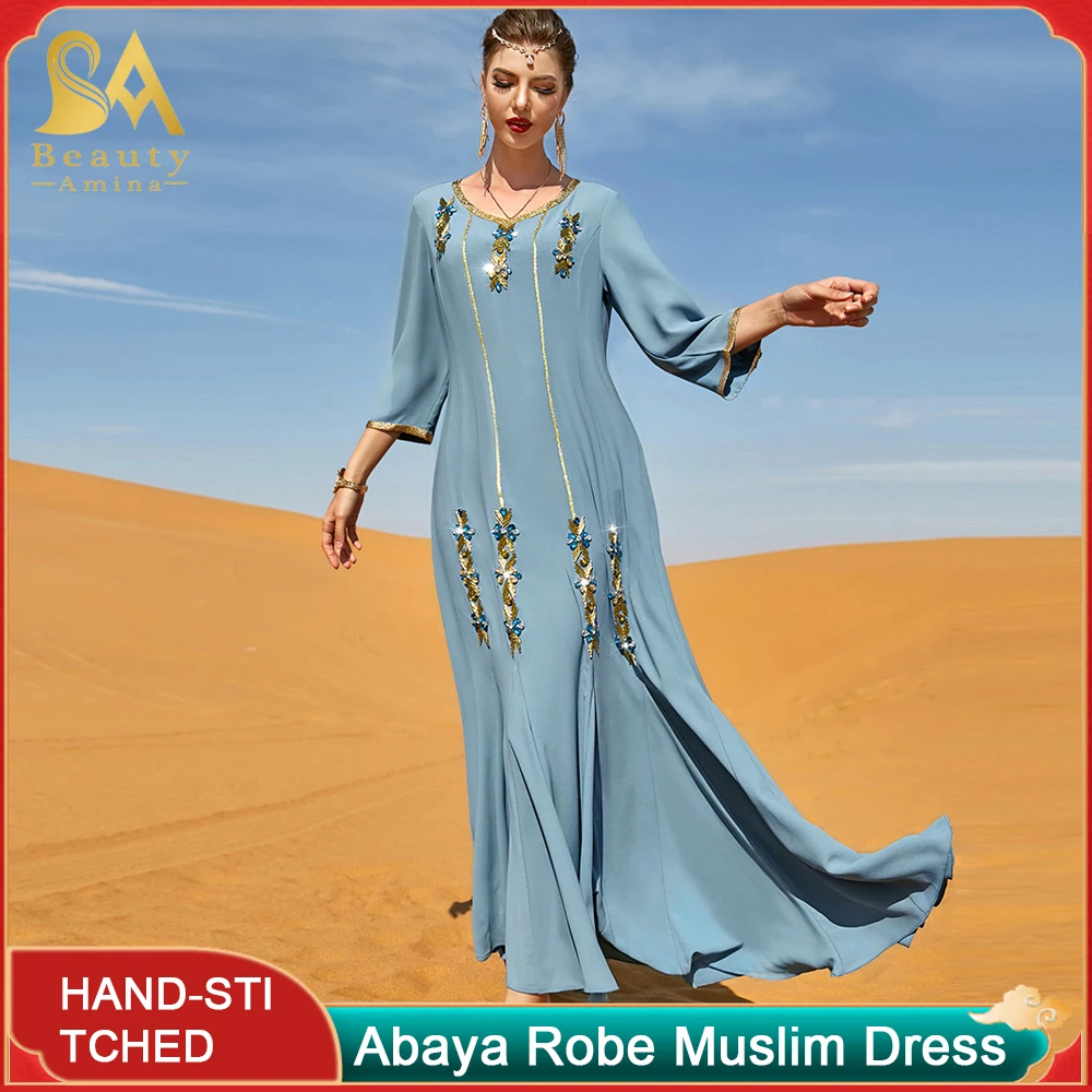 Abaya Robe Blue Hand-Stitched Diamond Ruffle Dress Ethnic Festival Dress Muslim Robe Moroccan Women's Ethnic Women's Clothing Ab