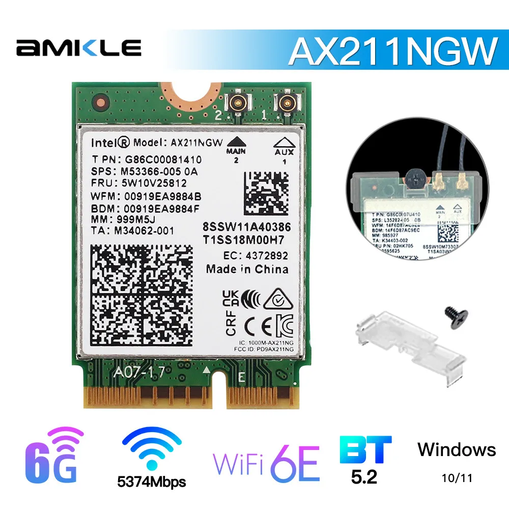 WiFi 6E AX211NGW Tri Band 2.4G/5G/6Ghz Wireless Network Wifi Card Adapter For Bluetooth 5.2 Intel AX211 M.2 KeyE CNVio Windows10