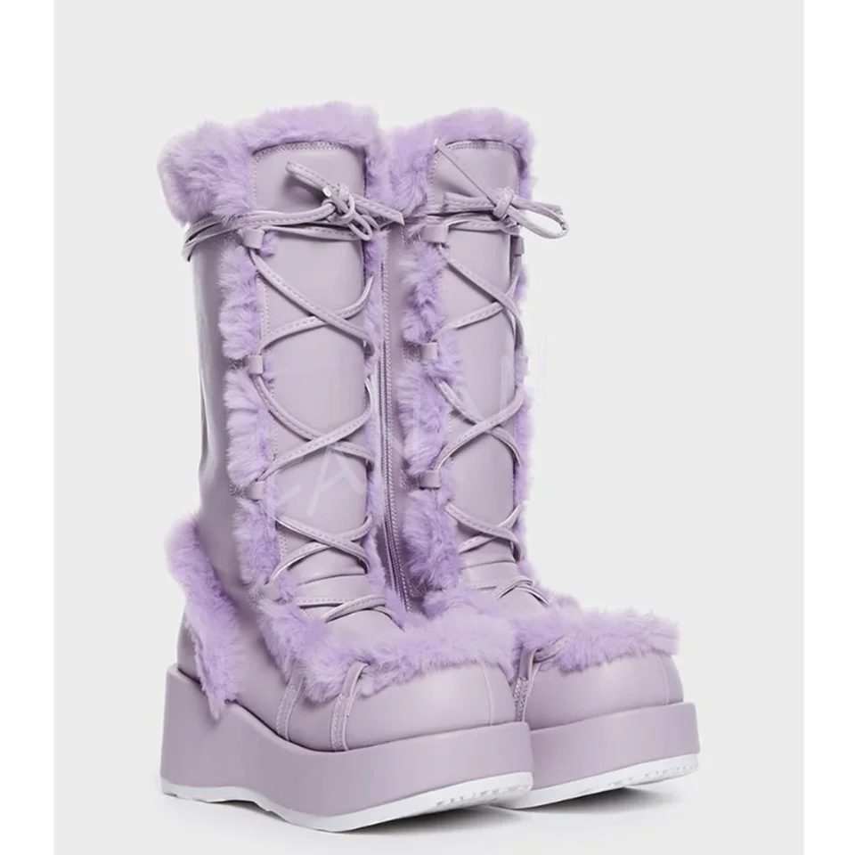 

Женские ботинки на танкетке, фиолетовые ботинки в стиле панк с меховым декором, на шнуровке, с боковой молнией, на высоком каблуке, с круглым носком, 2023