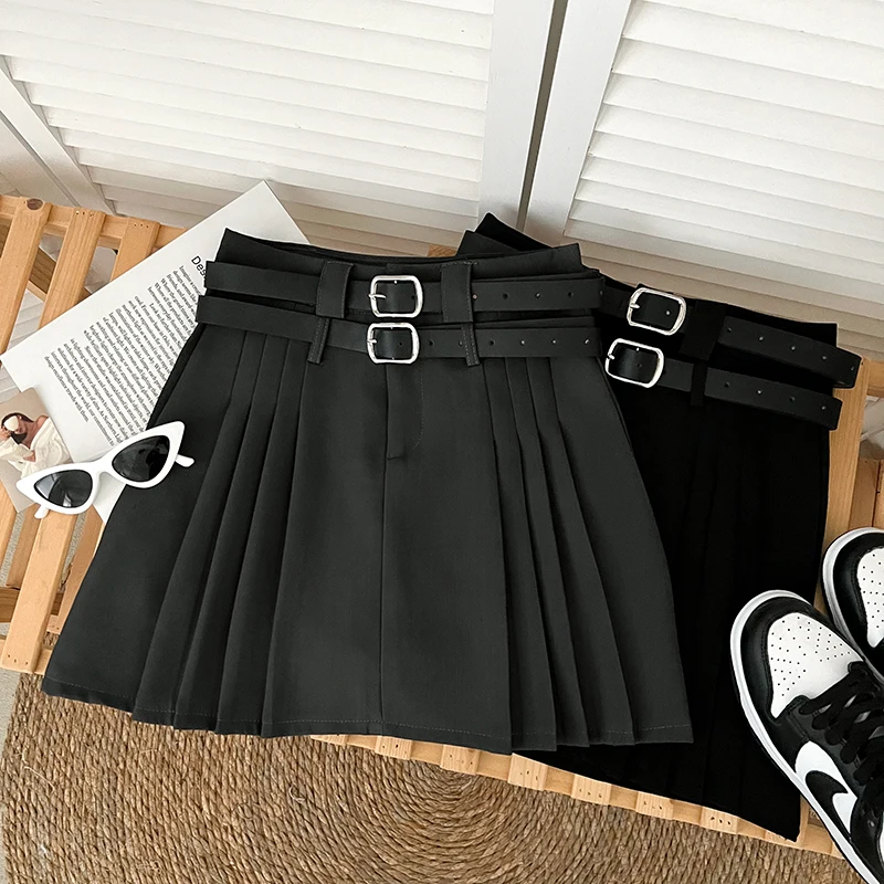 

Korean Preppy Pleated Skirts for Girls High Waisted Belts A-line Miniskirt with Shorts for Women All-match Female Skirt Dropship