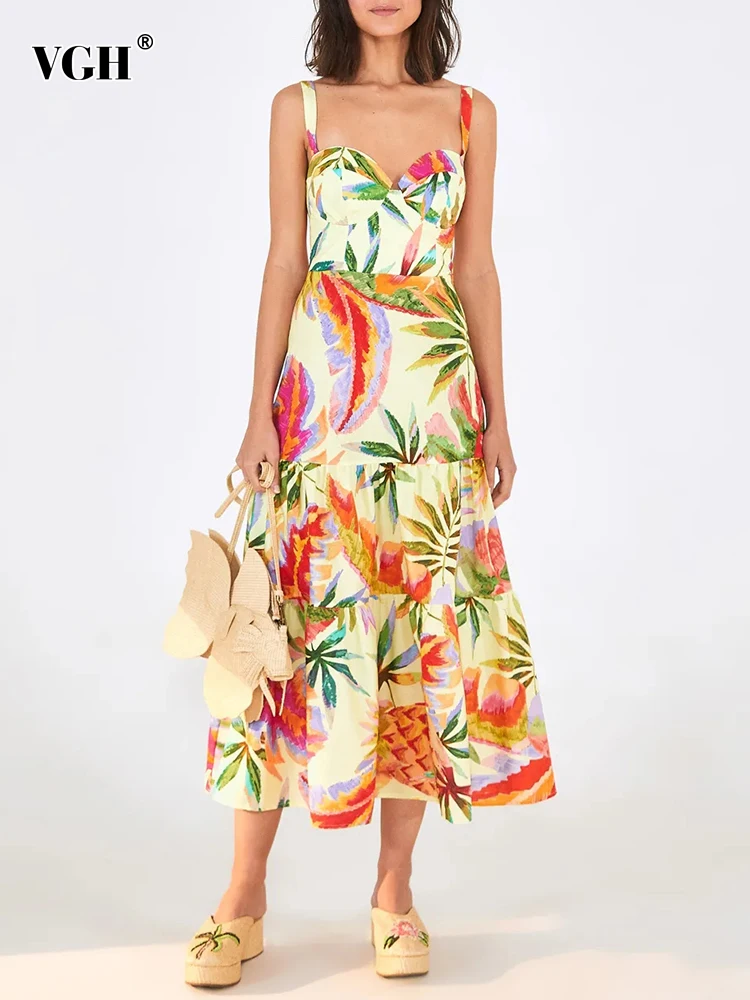 

VGH High Street Slim Dress Female V Neck Sleeveless High Waist Hit Color Print Camisole Dresses For Women Fashion Summer Clothes