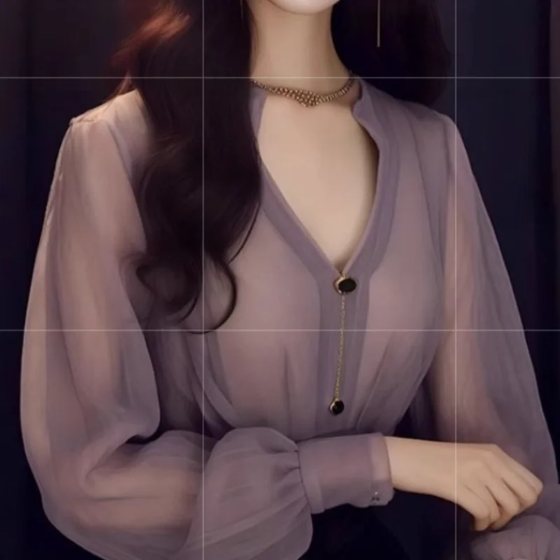 Блузка женская шифоновая в стиле ретро роскошная сухая рубашка фиолетового