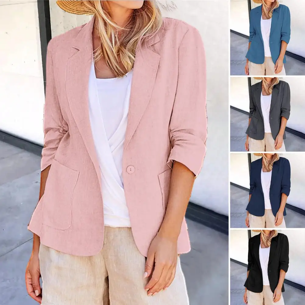 

Lady Stylish Women's Loose Fit Single Button Cardigan with Lapel Three Quarter Sleeves Pockets for Business Commuting Women