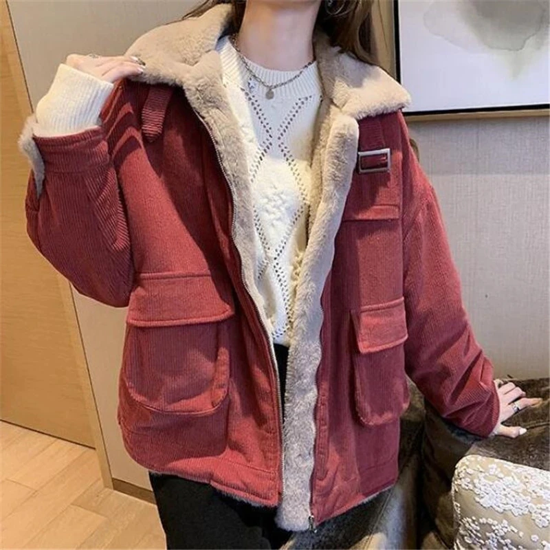 

Women's Cotton Coat New 2022 Autumn Winter Parker Corduroy Jacket Lambswool Thicken Warm Overcoat Tooling Female Outwear