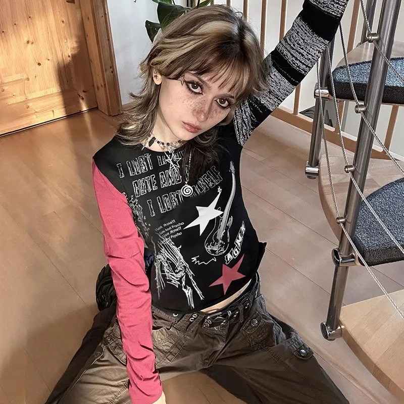 

HOUZHOU Goth Grunge Graphic T Shirts Women Punk Vintage Contrast Printed Casual Patchwork Long Sleeve T-shirt Y2k Streetwear