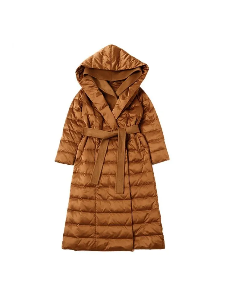 Thicked Long Cashmere Stitching Black Hooded 90 White Duck Down Coats Women 2022 Winter Loose Lace Up Warmer Jackets