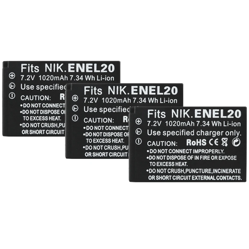 

3pcs For NIKON EN-EL20 Camera Battery 1020mAh EN EL20 ENEL20 Li-Ion J1 J2 J3 S1 AW1 Coolpix A PM006 Bateria
