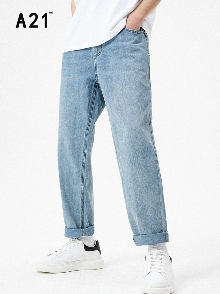 A21 Men Casual Baggie Jeans for Summer 2022 Simple Fashion Loose Straight Denim Pants Male Jean Trousers Streetwear Korean Style