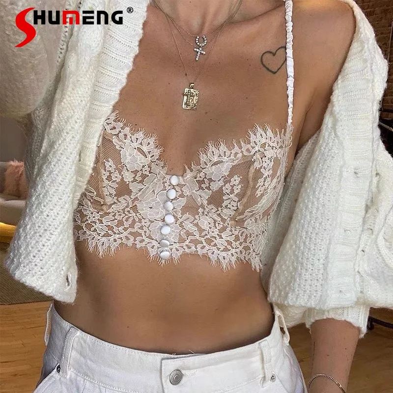 

New Arrival Vintage Lace Eyelash Buttons Vest Bra Outer Wear Women's Sexy Backless Inner Tank Top Black Spring Autumn Y2k Tops