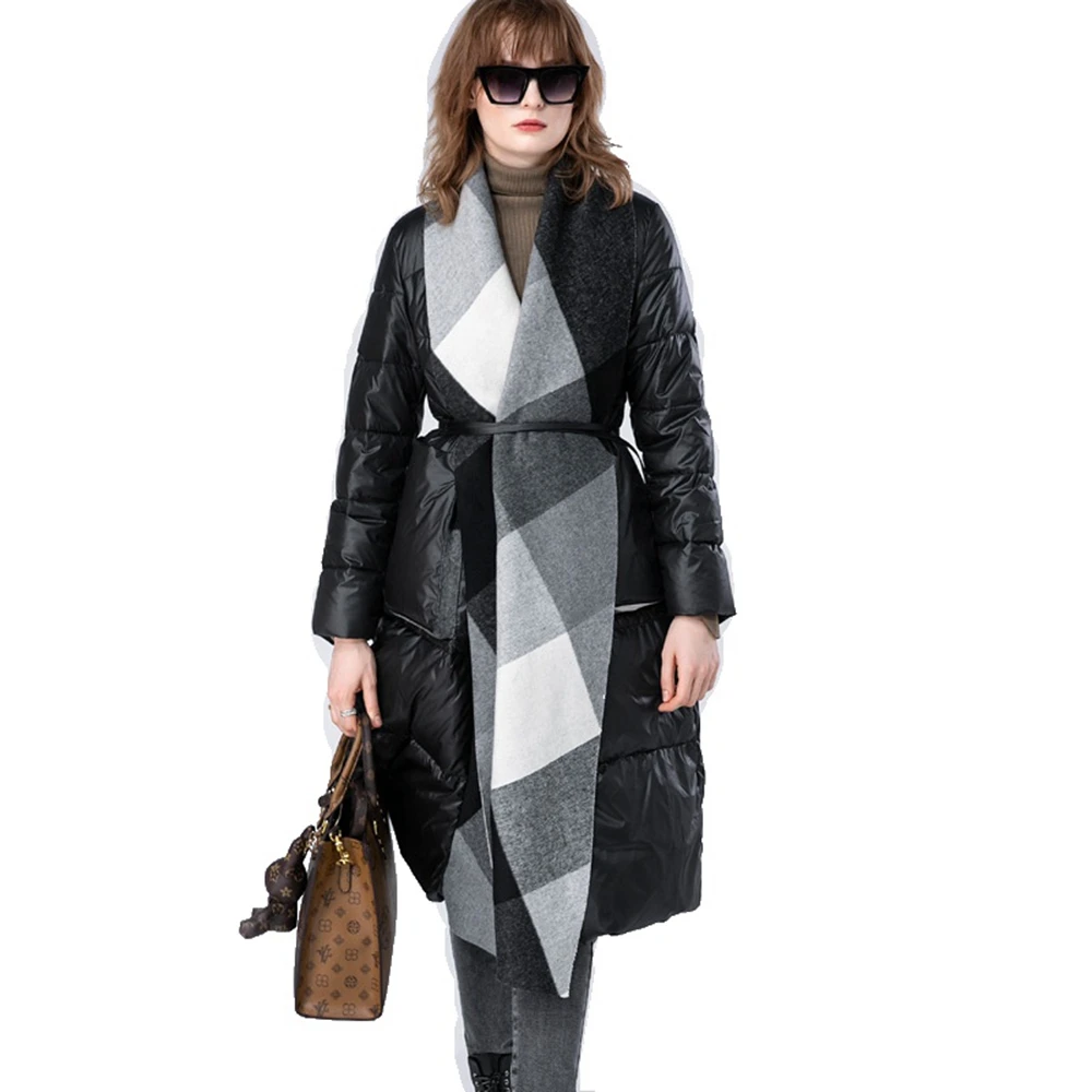 

European Winter Women Parkas Down Coats V-Neck Lady Warm X-Long Outwear Overcoat LF2314YN
