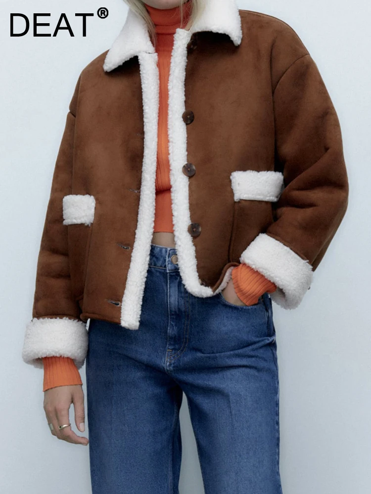 

DEAT Fashion Women's Lamb Wool Coat Plush Collar Loose Single Breasted Fleece Pockets Thick Brown Jacket Winter 2023 New 17A4778
