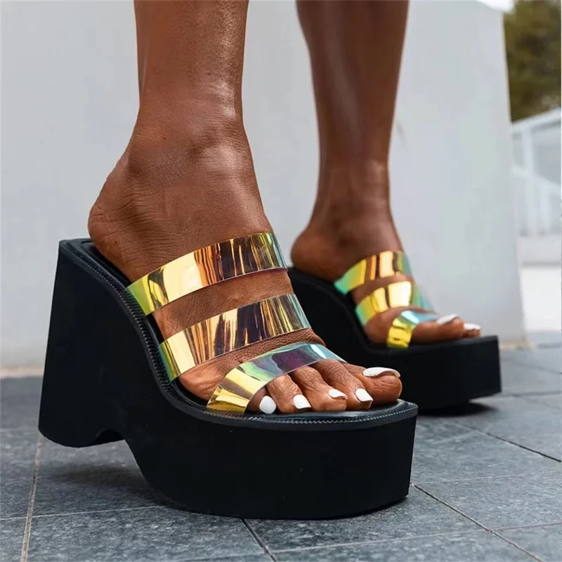 

Big Size 43 Summer Black White Chunky Heeled Mules High Heels Leisure Trendy Platform Wedges Sandals Shoes For Women 2022