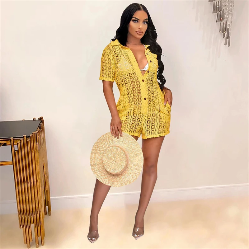 

Женский вязаный крючком комбинезон с коротким рукавом и шортами