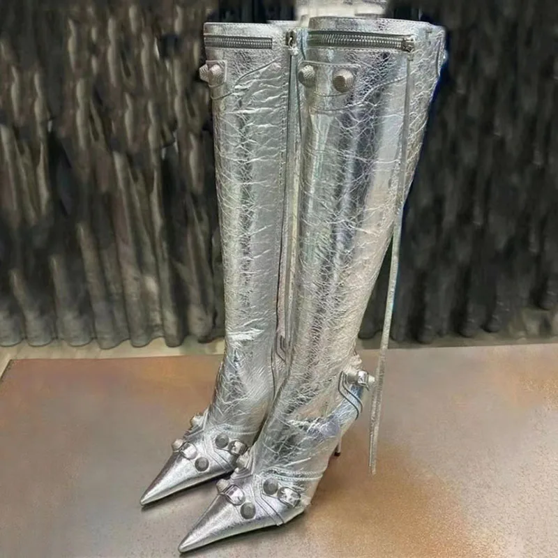 

Arden Furtado 2023 Spring Metal leather Pointed Toe Rivet Women's Stilettos heels zipper Belt buckle Tassels Knee High Boots