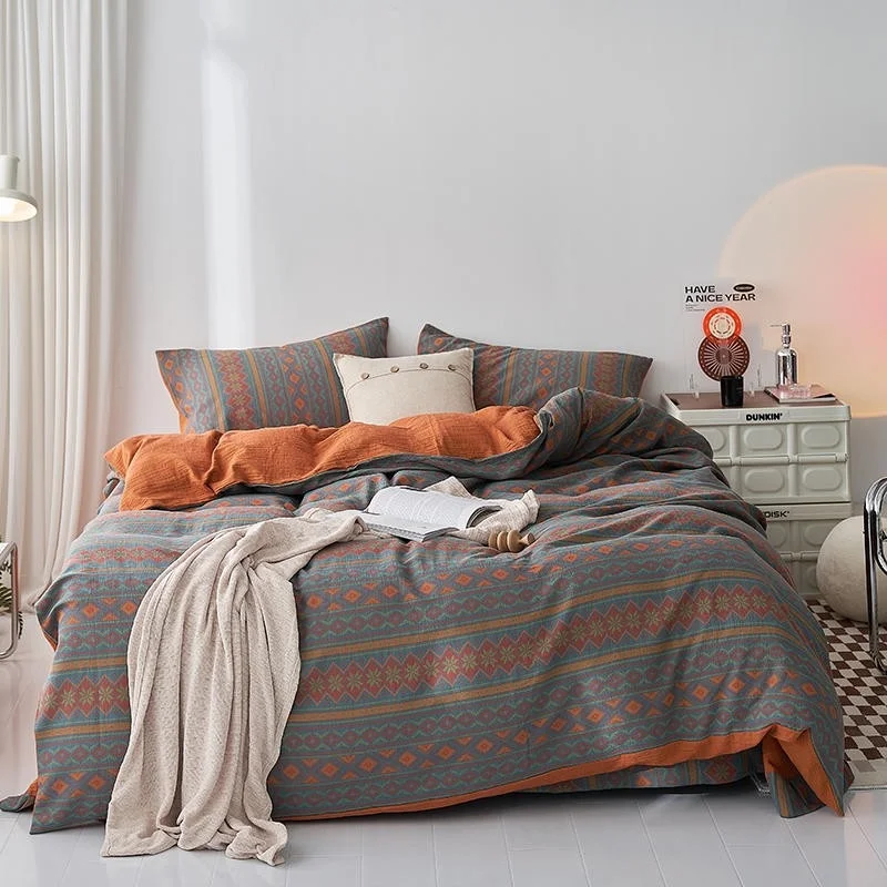 

100%Cotton Yarn-dyed Breathable Cooling Bedding set for Hot Sleepers Duvet Cover Bed Sheet Pillowcases Double Queen King 4Pcs