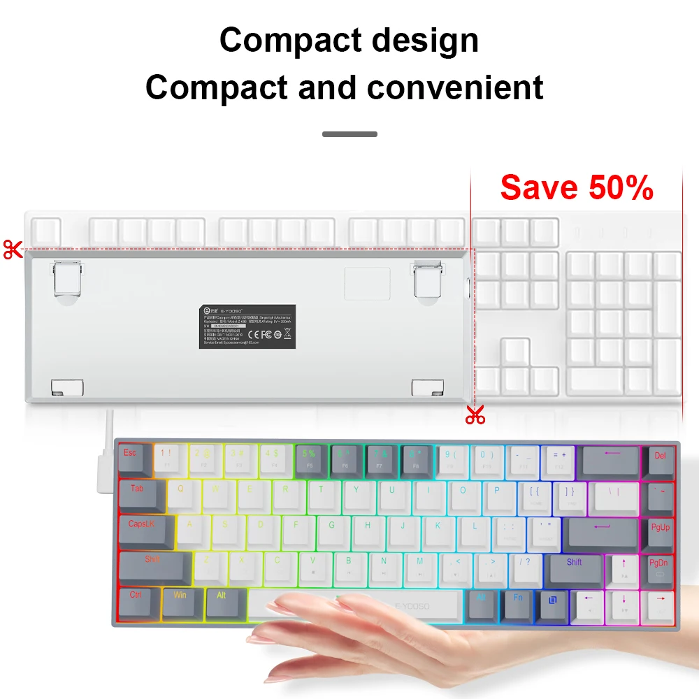 Фото Компактная тонкая Механическая Проводная игровая клавиатура E-YOOSO Z686 RGB USB 60% с красным переключателем, 68 клавишами, русский, бразильский, португальский стиль, для компьютера №5