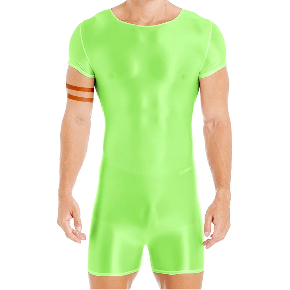 

Mens Swimming Bodysuit Glossy Short Sleeve Round Neck Bodysuit Swimwear Sport Running Seamless Yoga Swimming Suit Solid Color