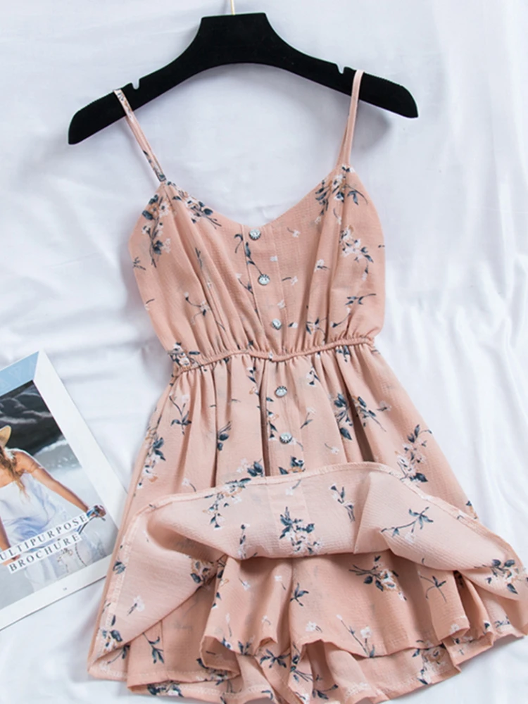 Women Sweet Floral Print Jumpsuits New 2020 Summer Sexy V Neck Spaghetti Strap Body Playsuit Woman Beach Chiffon Overalls Romper