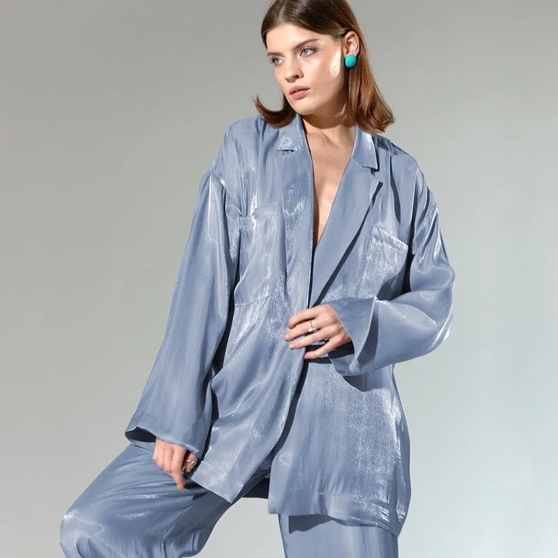 

2022 summer silk pajamas satin long-sleeved fashion satin trousers can be worn outside loose ladies home wear