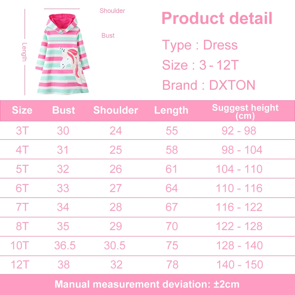 DXTON Children Unicorn Frocks Girls Dress for Autumn Spring Kids Cotton 100% Hooded Clothes Girls Striped Dress Kids Clothing