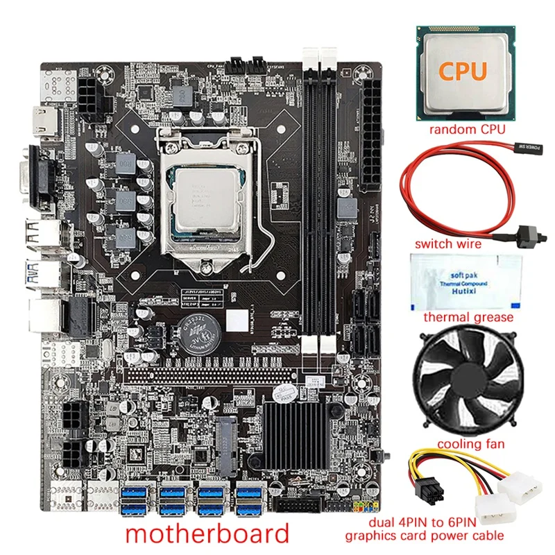 B75 8 GPU BTC Mining Motherboard+CPU+Fan+Thermal Grease+Power Cable+Switch Cable 8 USB3.0(PCIE) LGA1155 DDR3 RAM SATA3.0